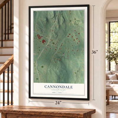 Cannondale, Connecticut map, 24 x 36 inch print in a black frame by a staircase