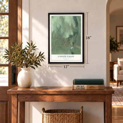 Canton Valley, Connecticut map, 12 x 18 inch print in a black frame in an entryway