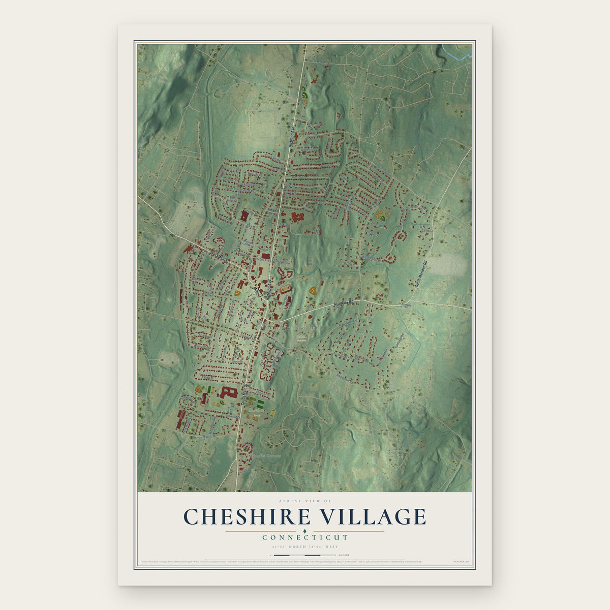 Cheshire Village, Connecticut map print, the full design
