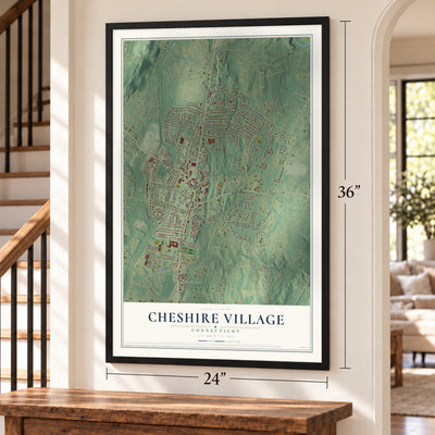 Cheshire Village, Connecticut map, 24 x 36 inch print in a black frame by a staircase