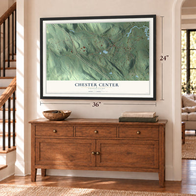 Chester Center, Connecticut map, 24 x 36 inch print in a black frame above a dresser by a staircase