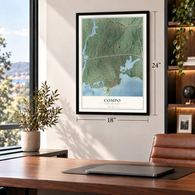 Compo, Connecticut map, 18 x 24 inch print in a black frame in a home office