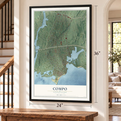 Compo, Connecticut map, 24 x 36 inch print in a black frame by a staircase