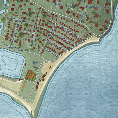 Close-up of the map of Compo, Connecticut print showing street and building detail