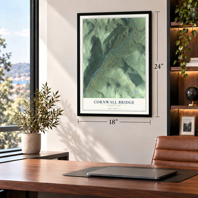 Cornwall Bridge, Connecticut map, 18 x 24 inch print in a black frame in a home office