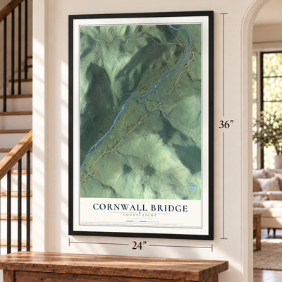 Cornwall Bridge, Connecticut map, 24 x 36 inch print in a black frame by a staircase