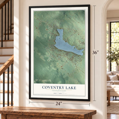 Coventry Lake, Connecticut map, 24 x 36 inch print in a black frame by a staircase
