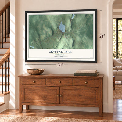 Crystal Lake, Connecticut map, 24 x 36 inch print in a black frame above a dresser by a staircase