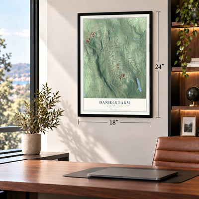 Daniels Farm, Connecticut map, 18 x 24 inch print in a black frame in a home office