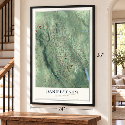 Daniels Farm, Connecticut map, 24 x 36 inch print in a black frame by a staircase