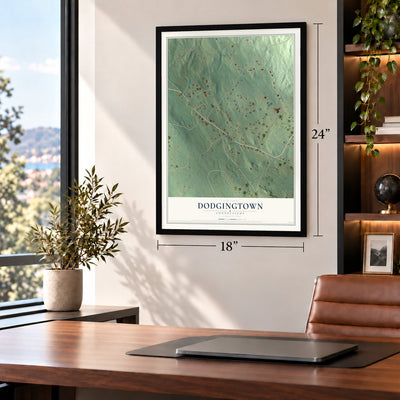 Dodgingtown, Connecticut map, 18 x 24 inch print in a black frame in a home office