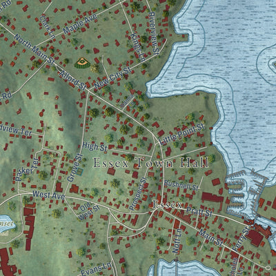 Close-up of the map of Essex Village, Connecticut print showing street and building detail