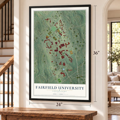 Fairfield University, Connecticut map, 24 x 36 inch print in a black frame by a staircase