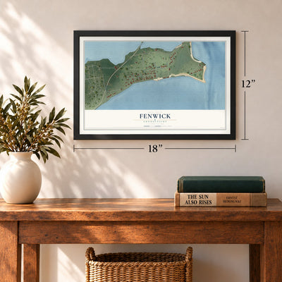 Fenwick, Connecticut map, 12 x 18 inch print in a black frame in an entryway