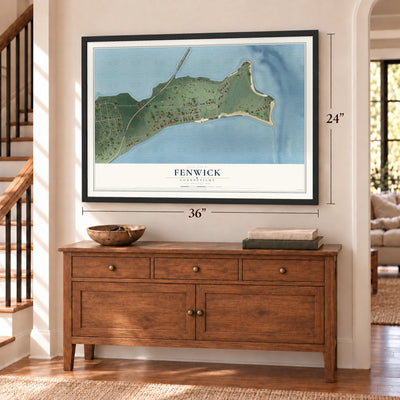 Fenwick, Connecticut map, 24 x 36 inch print in a black frame above a dresser by a staircase