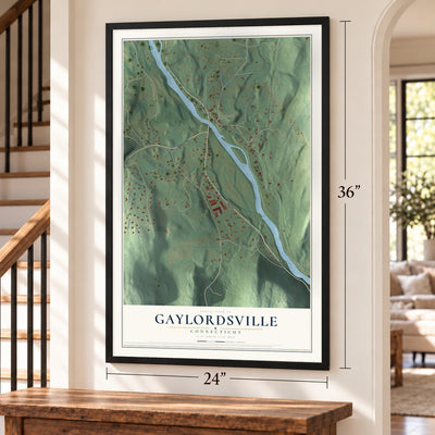 Gaylordsville, Connecticut map, 24 x 36 inch print in a black frame by a staircase
