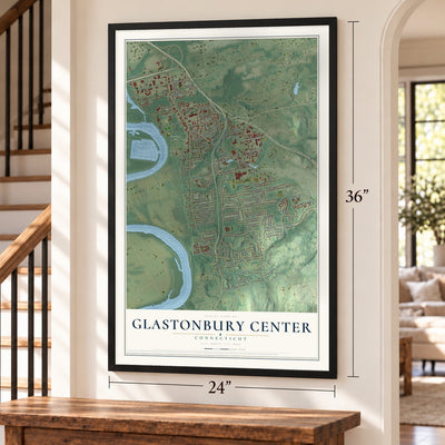 Glastonbury Center, Connecticut map, 24 x 36 inch print in a black frame by a staircase