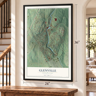 Glenville, Connecticut map, 24 x 36 inch print in a black frame by a staircase