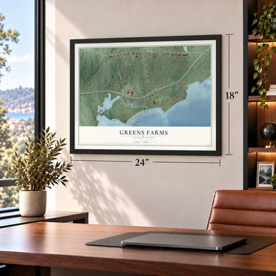 Greens Farms, Connecticut map, 18 x 24 inch print in a black frame in a home office