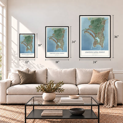 Groton Long Point, Connecticut map in 12 x 18, 18 x 24 and 24 x 36 inch sizes above a sofa
