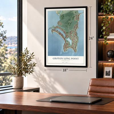 Groton Long Point, Connecticut map, 18 x 24 inch print in a black frame in a home office