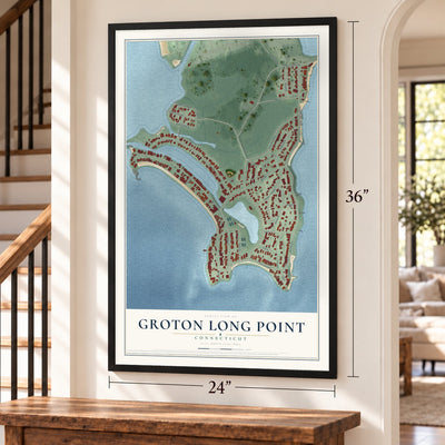 Groton Long Point, Connecticut map, 24 x 36 inch print in a black frame by a staircase