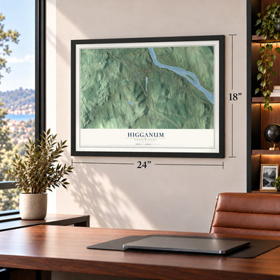 Higganum, Connecticut map, 18 x 24 inch print in a black frame in a home office
