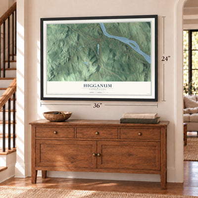 Higganum, Connecticut map, 24 x 36 inch print in a black frame above a dresser by a staircase