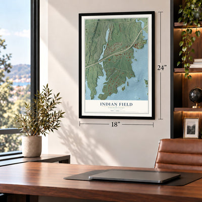 Indian Field, Connecticut map, 18 x 24 inch print in a black frame in a home office
