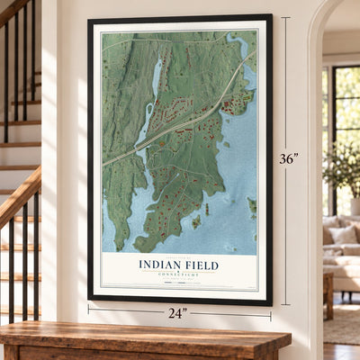 Indian Field, Connecticut map, 24 x 36 inch print in a black frame by a staircase