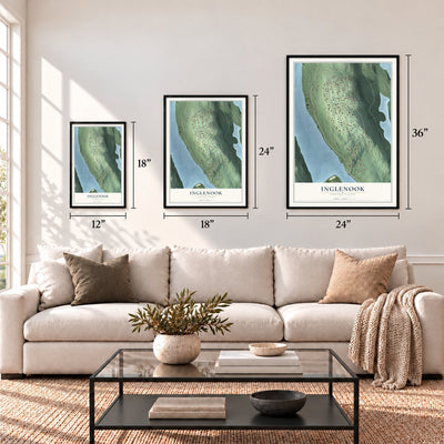 Inglenook, Connecticut map in 12 x 18, 18 x 24 and 24 x 36 inch sizes above a sofa