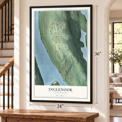 Inglenook, Connecticut map, 24 x 36 inch print in a black frame by a staircase