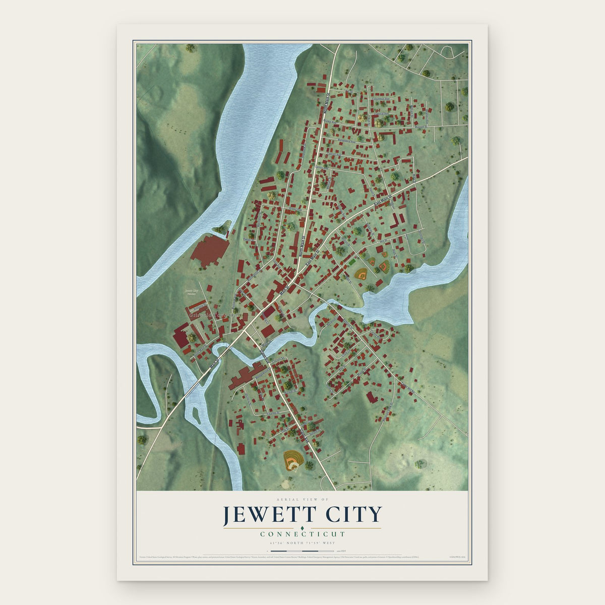 Jewett City, Connecticut map print, the full design