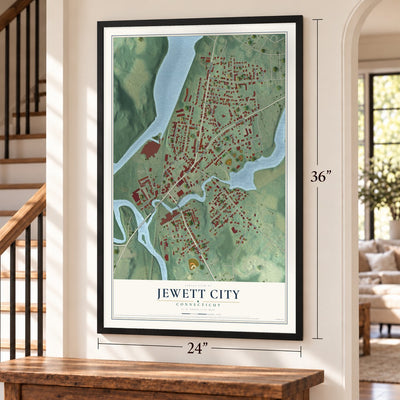 Jewett City, Connecticut map, 24 x 36 inch print in a black frame by a staircase