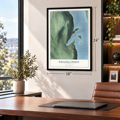 Kellogg Point, Connecticut map, 18 x 24 inch print in a black frame in a home office