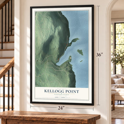 Kellogg Point, Connecticut map, 24 x 36 inch print in a black frame by a staircase