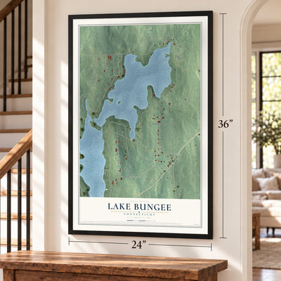 Lake Bungee, Connecticut map, 24 x 36 inch print in a black frame by a staircase