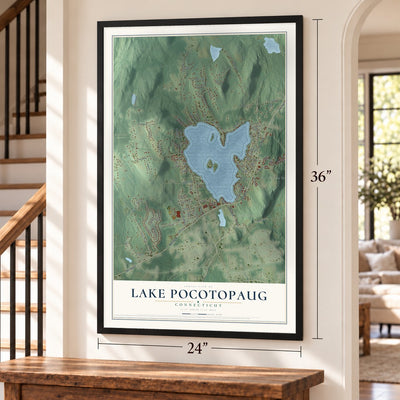 Lake Pocotopaug, Connecticut map, 24 x 36 inch print in a black frame by a staircase