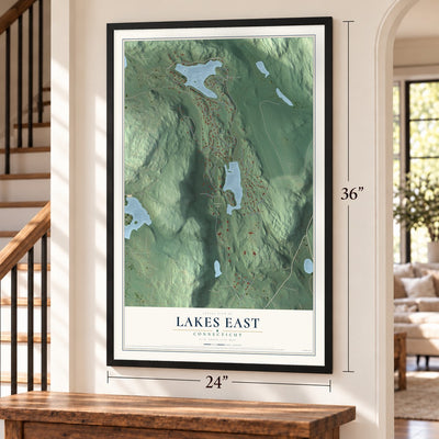 Lakes East, Connecticut map, 24 x 36 inch print in a black frame by a staircase