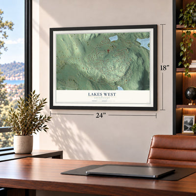 Lakes West, Connecticut map, 18 x 24 inch print in a black frame in a home office