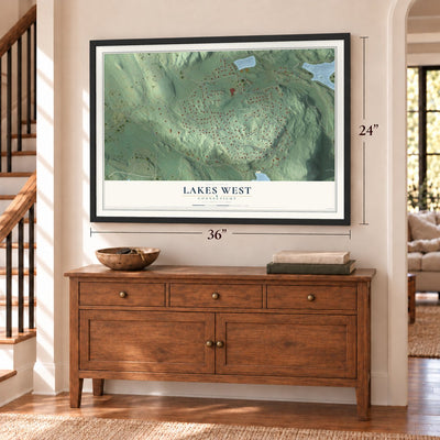Lakes West, Connecticut map, 24 x 36 inch print in a black frame above a dresser by a staircase