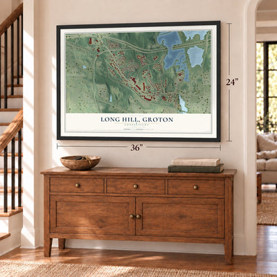 Long Hill, Groton, Connecticut map, 24 x 36 inch print in a black frame above a dresser by a staircase