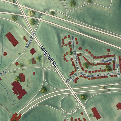 Close-up of the map of Long Hill, Groton, Connecticut print showing street and building detail