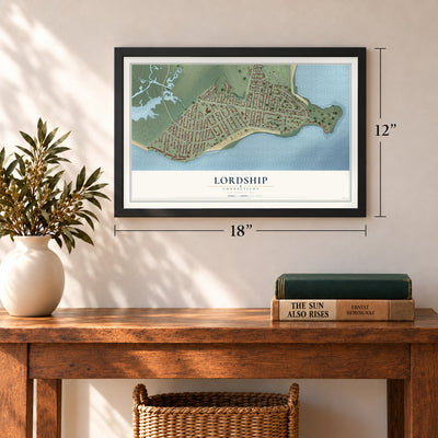 Lordship, Connecticut map, 12 x 18 inch print in a black frame in an entryway
