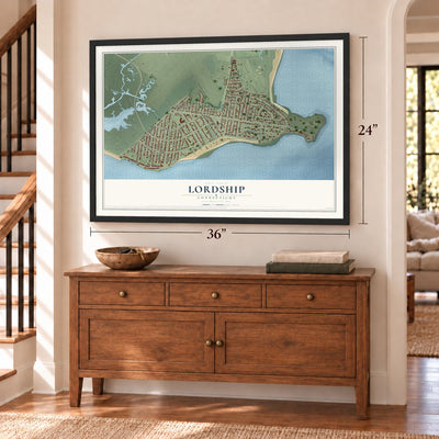 Lordship, Connecticut map, 24 x 36 inch print in a black frame above a dresser by a staircase