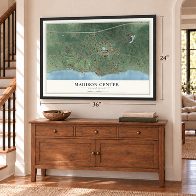 Madison Center, Connecticut map, 24 x 36 inch print in a black frame above a dresser by a staircase