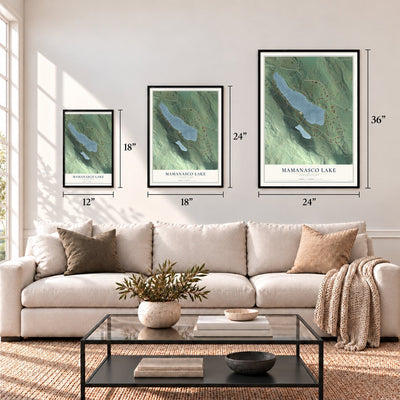 Mamanasco Lake, Connecticut map in 12 x 18, 18 x 24 and 24 x 36 inch sizes above a sofa