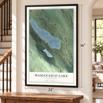 Mamanasco Lake, Connecticut map, 24 x 36 inch print in a black frame by a staircase