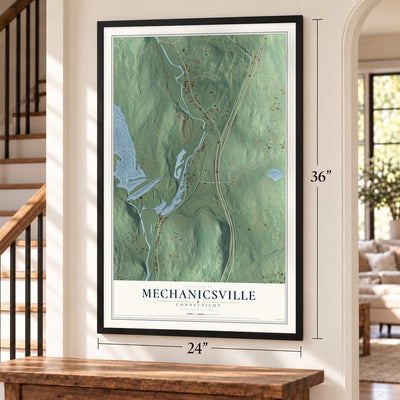 Mechanicsville, Connecticut map, 24 x 36 inch print in a black frame by a staircase