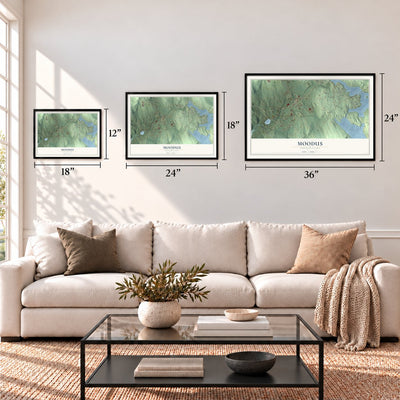 Moodus, Connecticut map in 12 x 18, 18 x 24 and 24 x 36 inch sizes above a sofa
